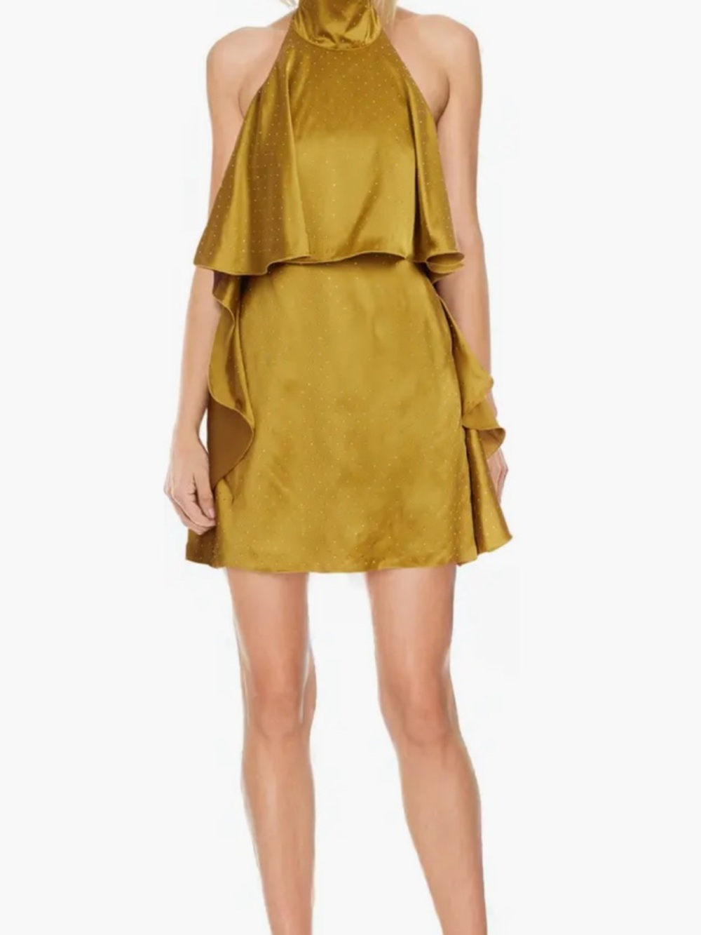 Jewel Badgley Mischka Satin Halter Mini Dress,Crystal Detail Gold Cocktail Dress